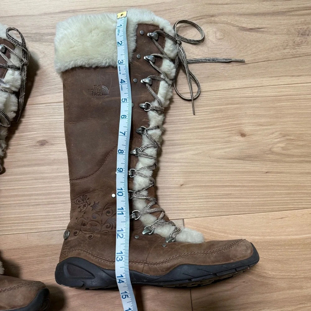 The North Face Adrianne Tall leather Boots Wms Size 6 Brown Faux Fur Trim Zip